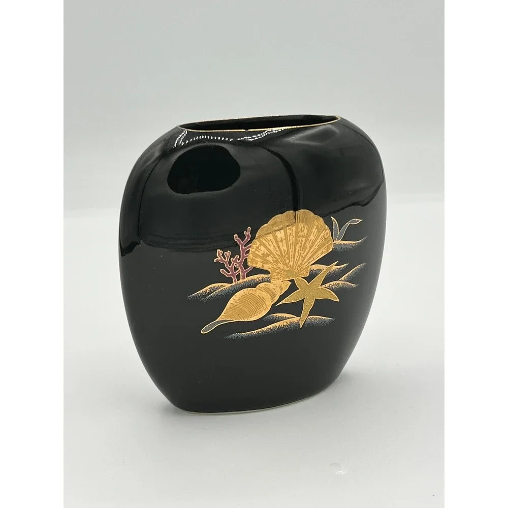 Otagiri Japan Black Gold Seashell Starfish Ceramic Vase Vintage Coastal Decor